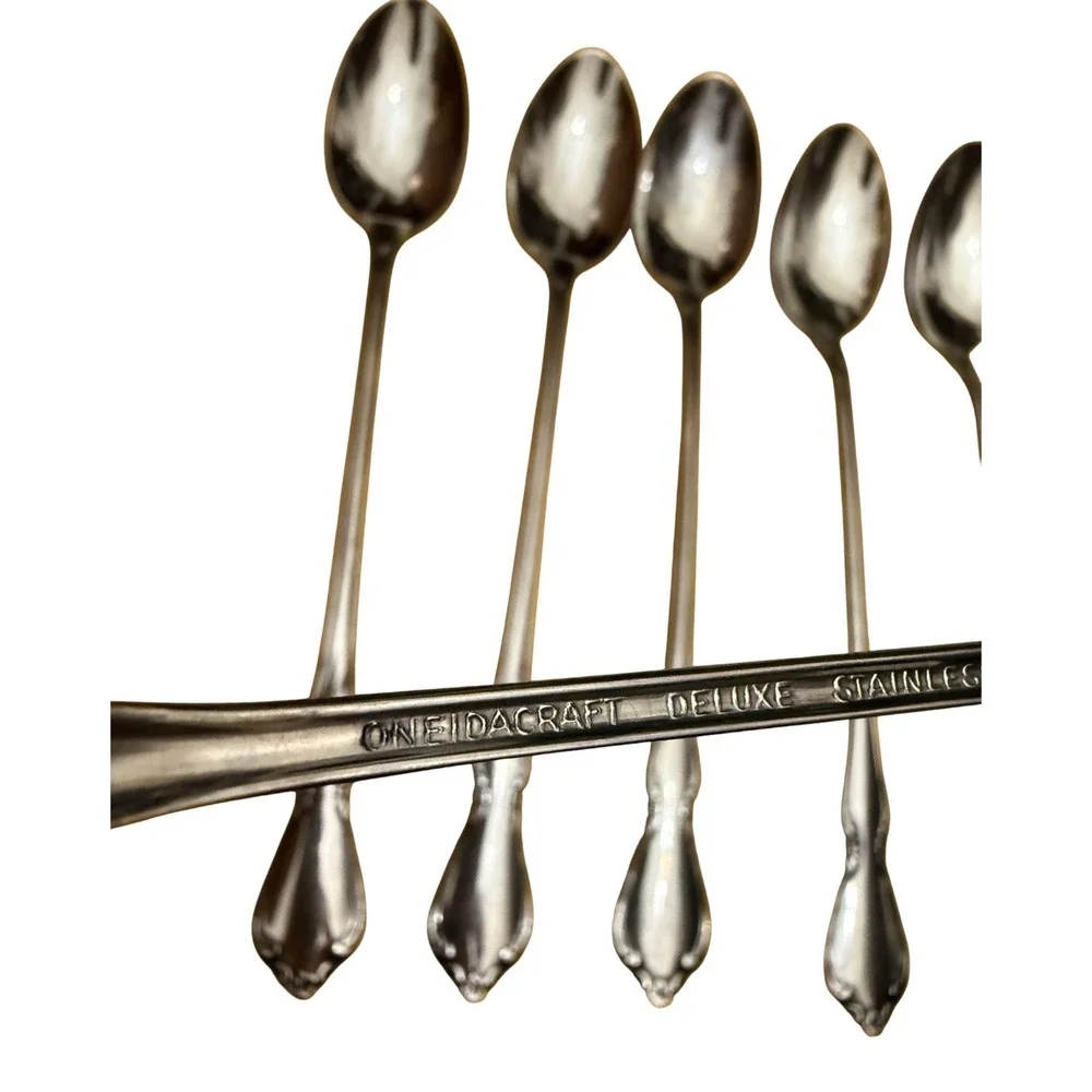 8 Oneidacraft Chateau Deluxe Stainless Iced Tea Spoon Set Floral Scroll 7.5in